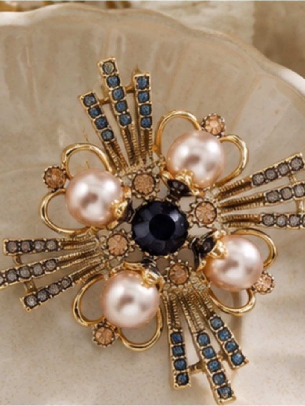 Gold Tone Pearl & Navy Rhinestone Starburst Statement Brooch